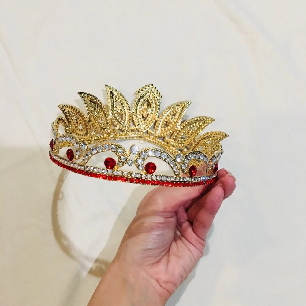 New Ruby and Diamond Rhinestone Gold Metal Crown Tiara Custom Wedding Bridal